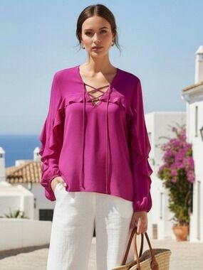 Kobi Halperin 100% Silk Hot Pink Ruffle Lace-Up Blouse Size L BarbieCore Glam